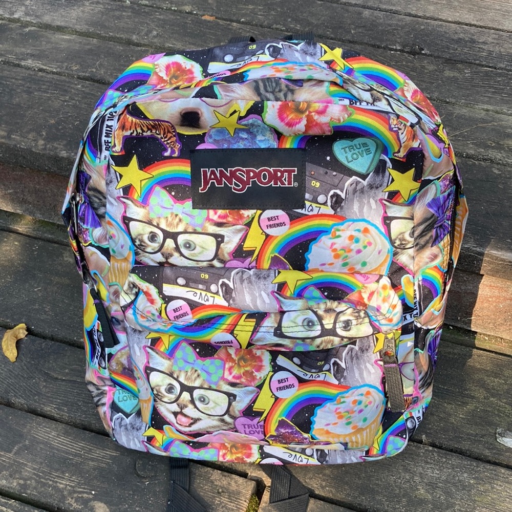 17” Jansport Cats Rainbows Mix-Tape BFF Backpack- rare!